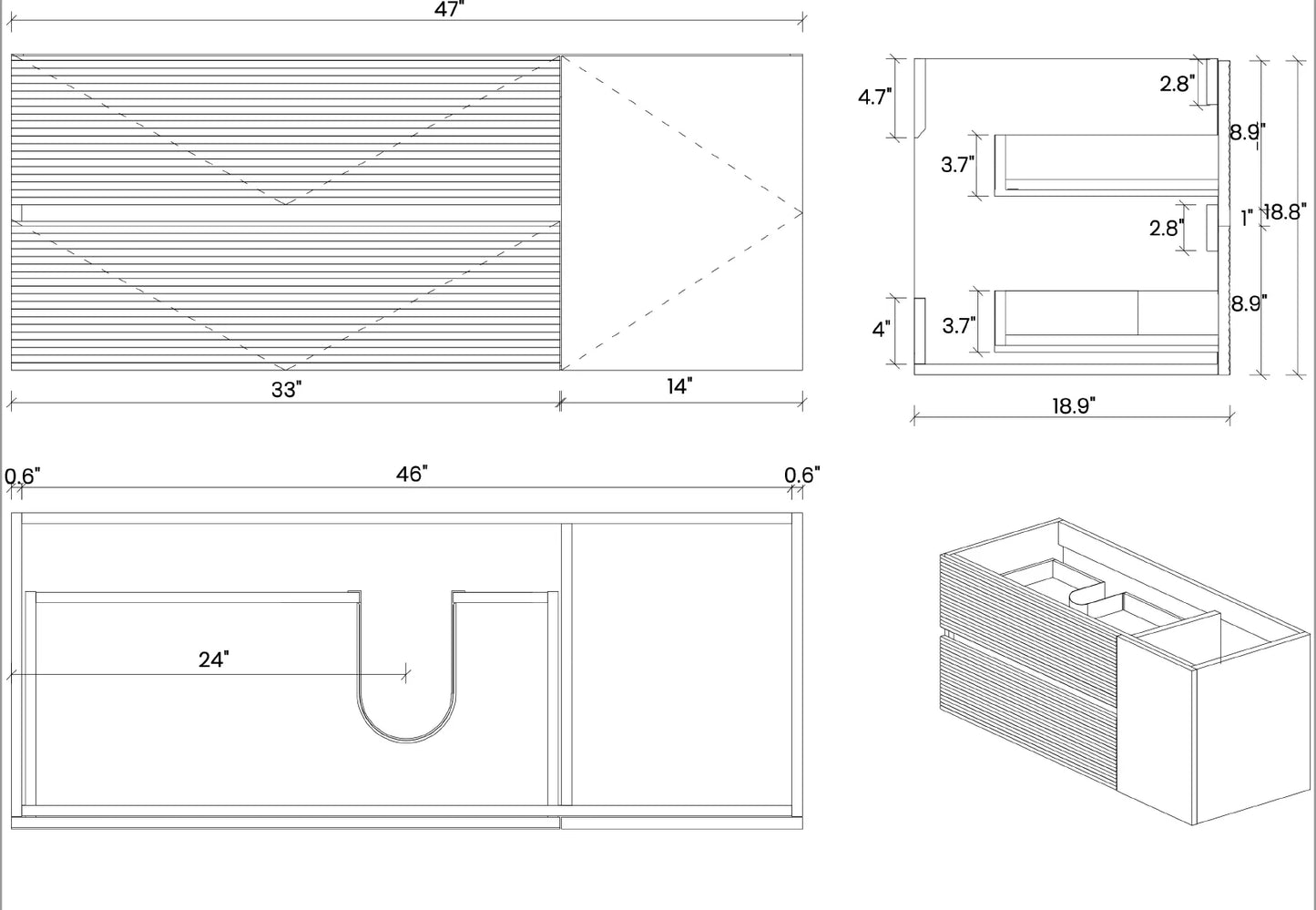 SH.KL 48 Inch Walnut Bathroom Vanity, Wall Mounted Floating Bathroom Cabinet, Pre-assembled, Bathroom Furniture, Vanities