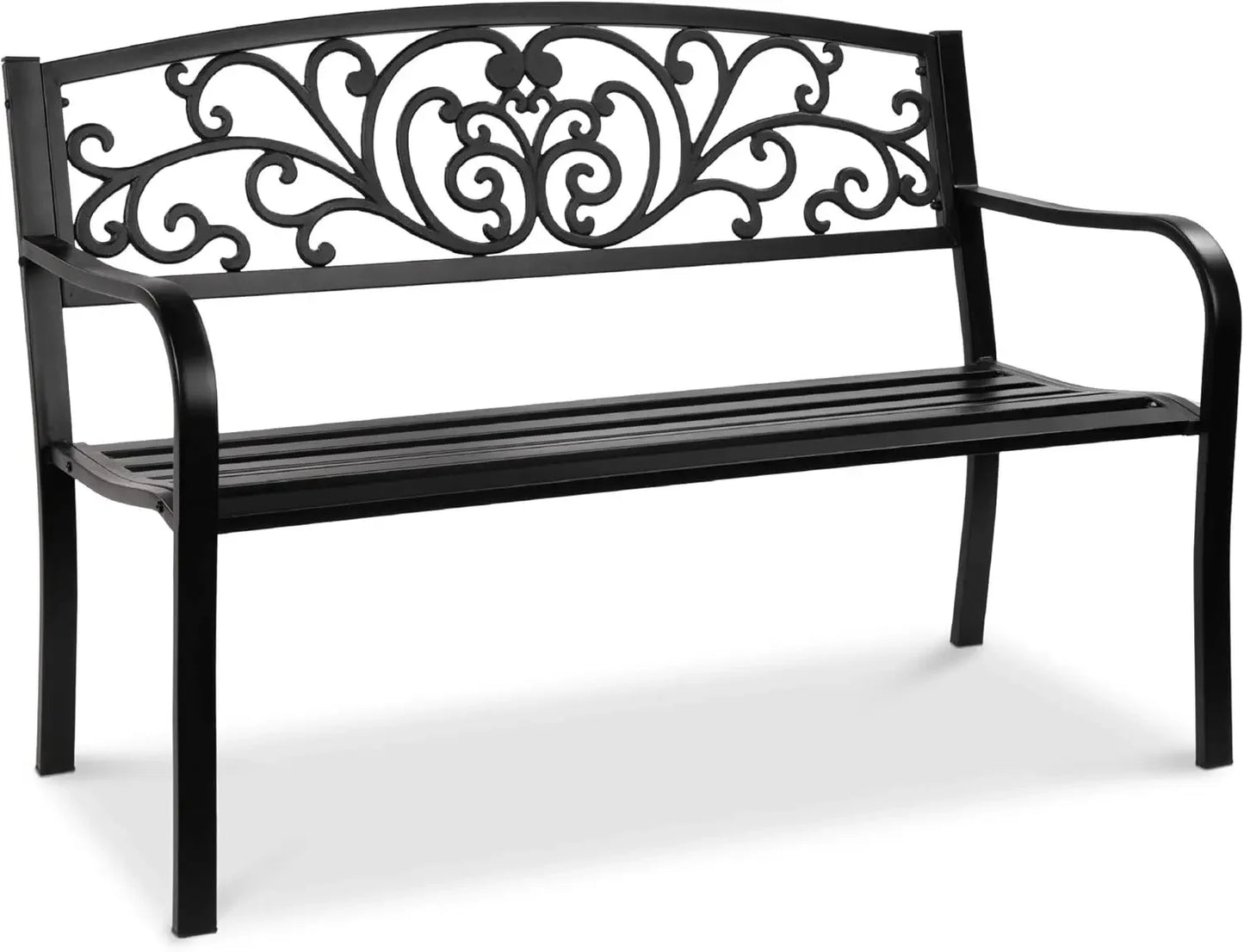 Outdoor Bench Steel Garden Patio Porch Furniture for Lawn, Park, Deck w/Floral Design Backrest, Slatted Seat