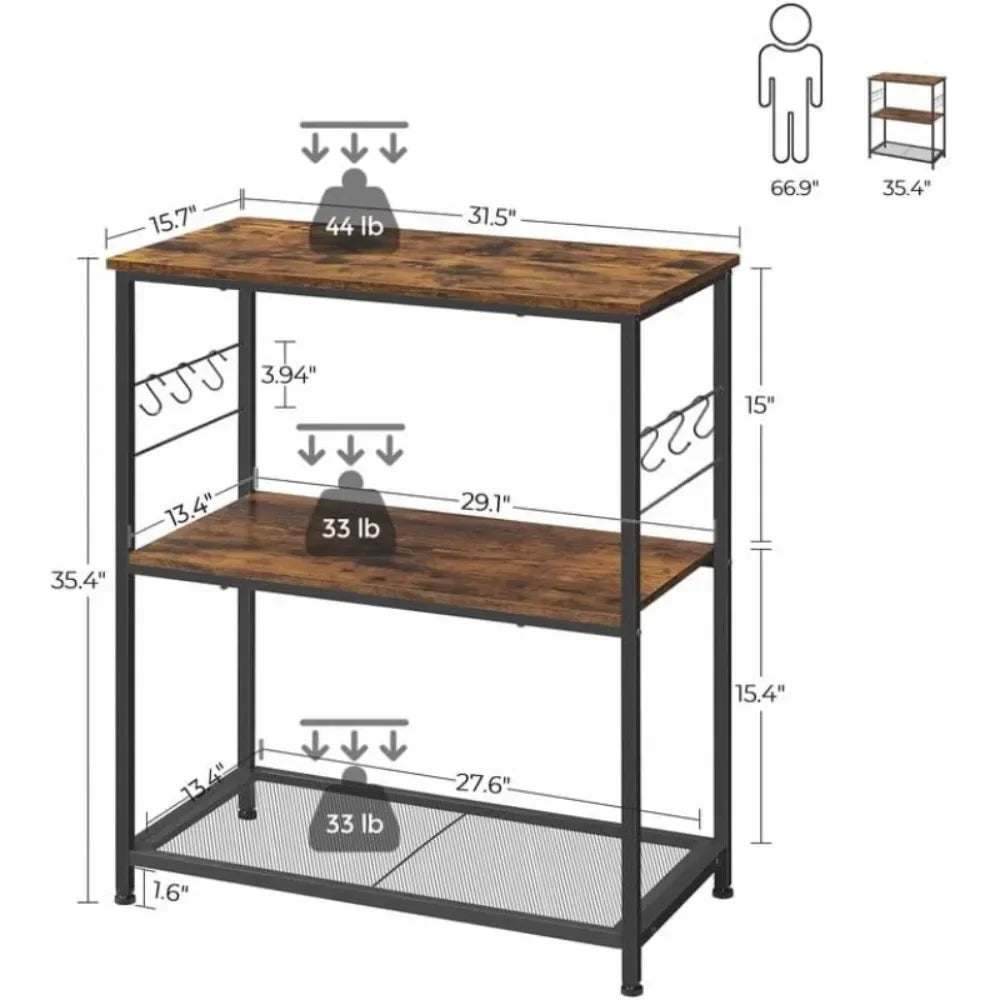 Bakers Rack, Kitchen Shelf, Kitchen Island, Microwave Oven Stand with Open Shelves, Hooks, Metal Frame,Industrial
