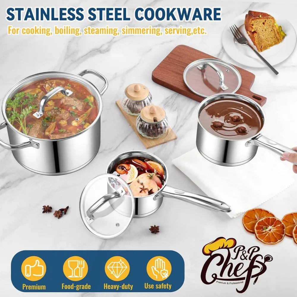 P&P CHEF 10 Pcs Pots and Pans Sets, Stainless Steel Cookware Set of 6 for Kitchen, Induction Cooking Pot & Saucepans with Glass