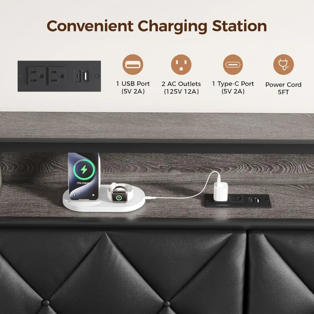 Headboard for Queen Size Bed with Storage, Upholstered Headboards with LED Lights & Charging Station, Queen Headboard Only