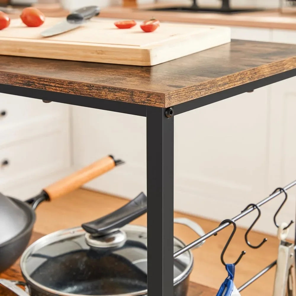 Bakers Rack, Kitchen Shelf, Kitchen Island, Microwave Oven Stand with Open Shelves, Hooks, Metal Frame,Industrial