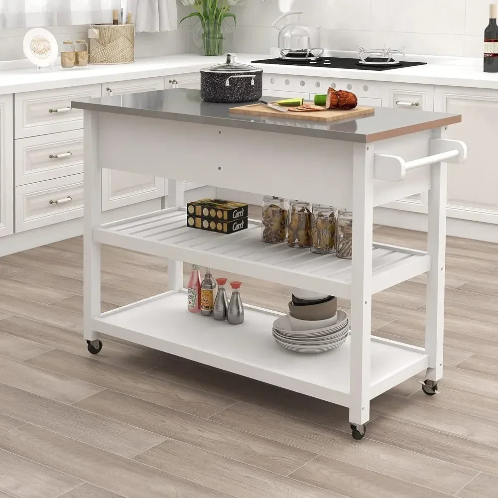 Kitchen Island White Stainless Steel Top Kitchen Cart On Wheels with 2 Drawers and Storage Shelves,