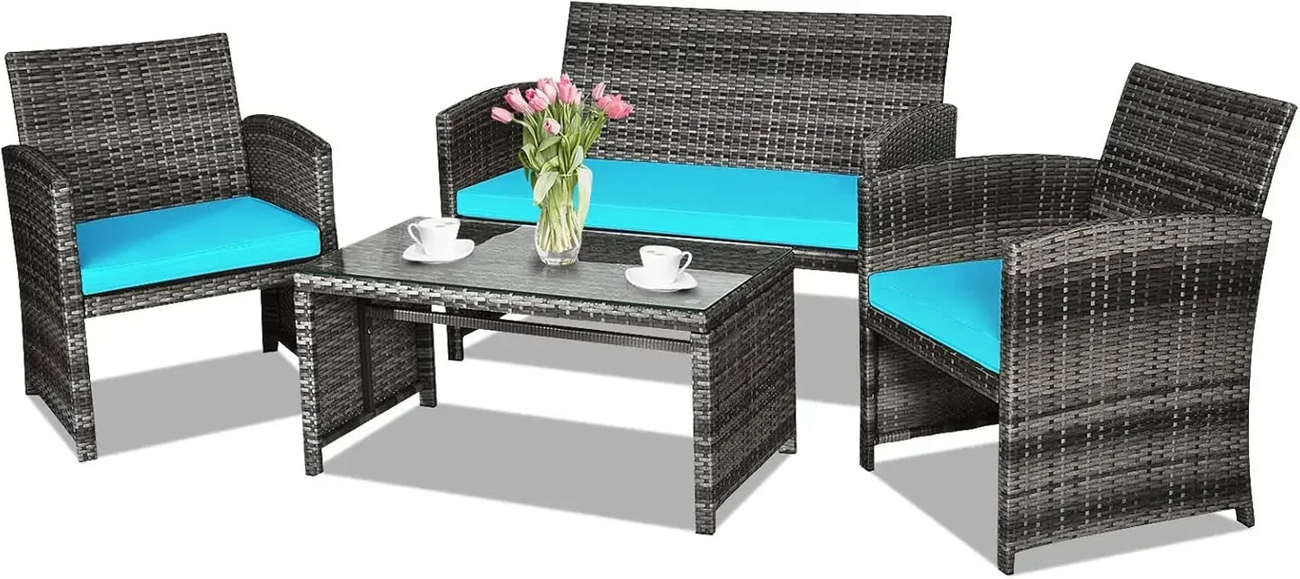 Guangbai 4 Piece Rattan Outdoor Patio Set Glass Tabletop