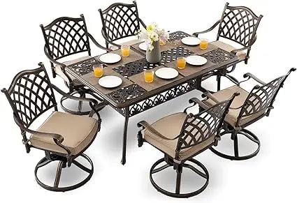 7-Piece Cast Aluminum Outdoor Table and Chairs, Antique Bronze Patio Dining Sets Include 60" Large Patio Dining Table and 6 Chai