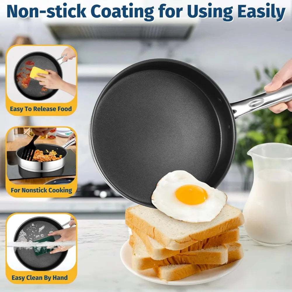 P&P CHEF 10 Pcs Pots and Pans Sets, Stainless Steel Cookware Set of 6 for Kitchen, Induction Cooking Pot & Saucepans with Glass