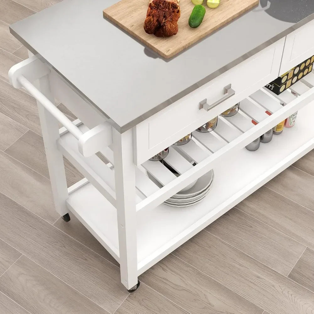 Kitchen Island White Stainless Steel Top Kitchen Cart On Wheels with 2 Drawers and Storage Shelves,