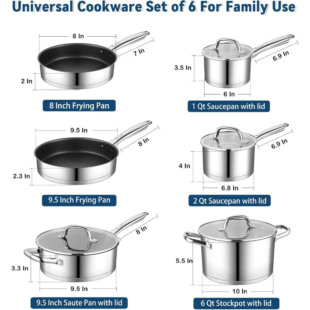 P&P CHEF 10 Pcs Pots and Pans Sets, Stainless Steel Cookware Set of 6 for Kitchen, Induction Cooking Pot & Saucepans with Glass