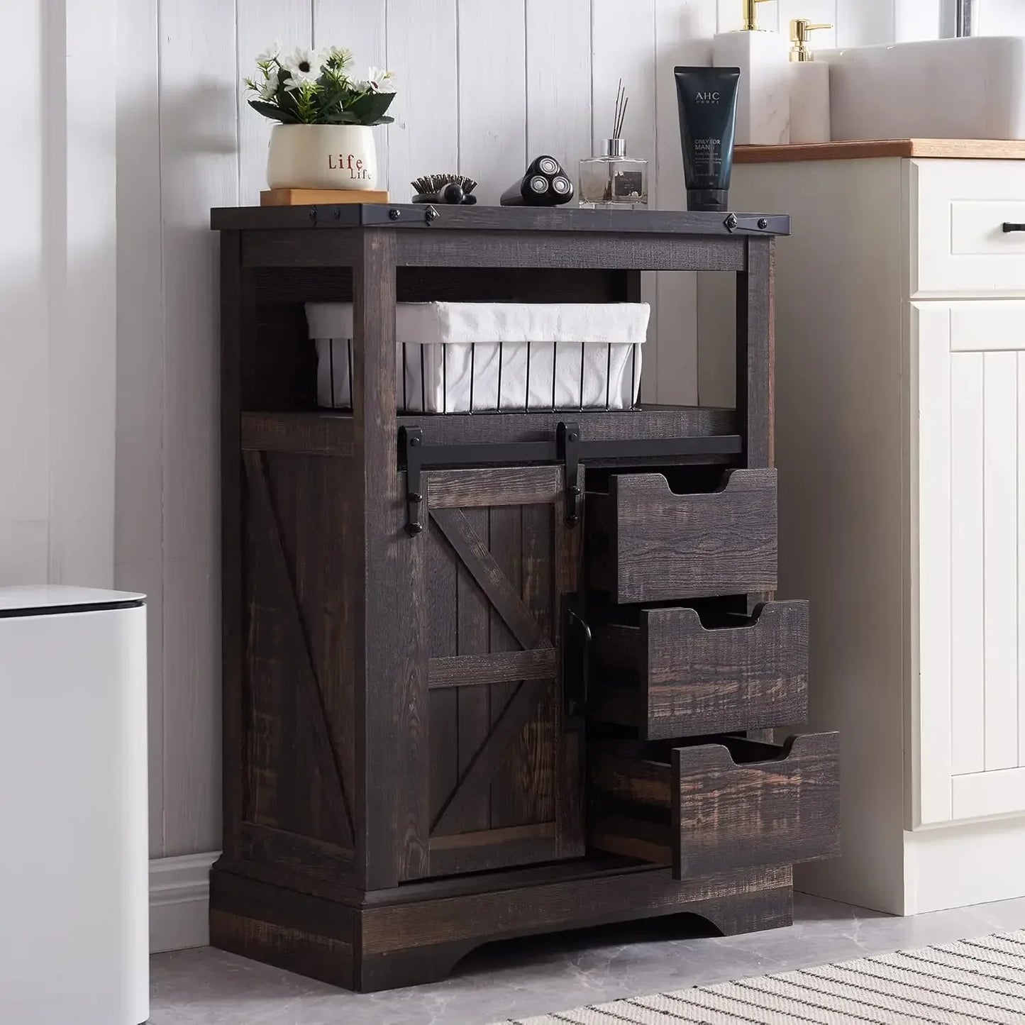 Bathroom Floor Cabinet, Farmhouse Storage Cabinet with Sliding Barn Door & Storage Drawers, Small Storage Cabinet