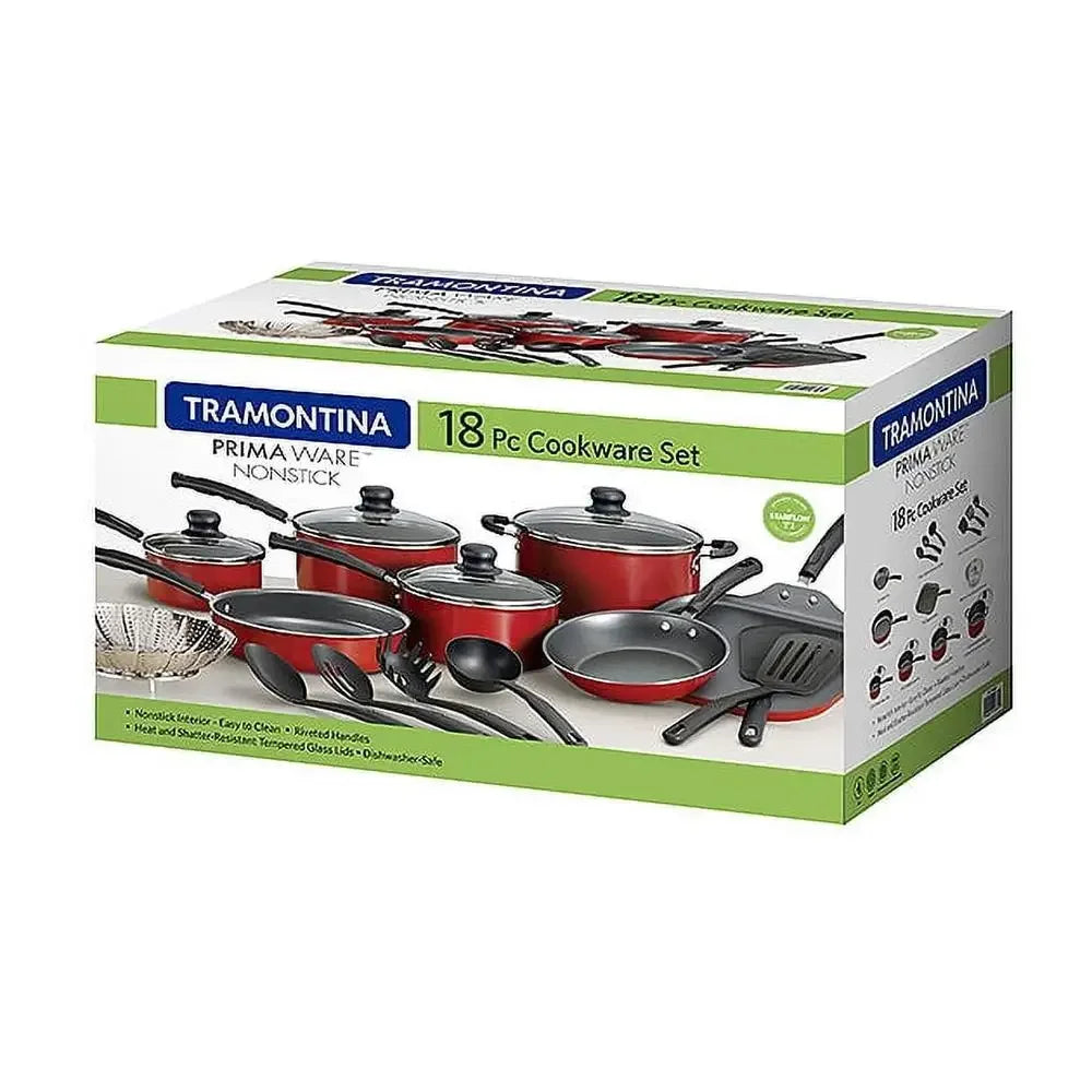 18-Piece Nonstick Cookware Set PrimaWare Collection Red Aluminum Lightweight Handles Glass Lids Dishwasher-Safe Gas Electric