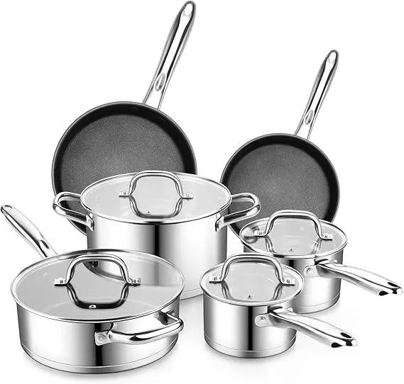 P&P CHEF 10 Pcs Pots and Pans Sets, Stainless Steel Cookware Set of 6 for Kitchen, Induction Cooking Pot & Saucepans with Glass