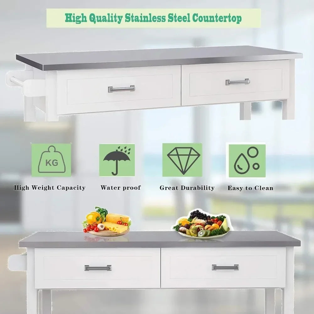 Kitchen Island White Stainless Steel Top Kitchen Cart On Wheels with 2 Drawers and Storage Shelves,