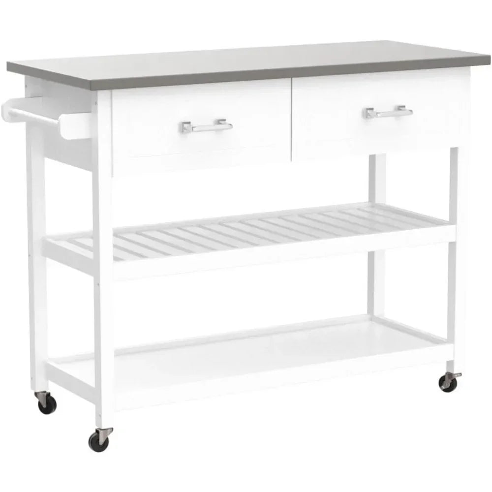 Kitchen Island White Stainless Steel Top Kitchen Cart On Wheels with 2 Drawers and Storage Shelves,