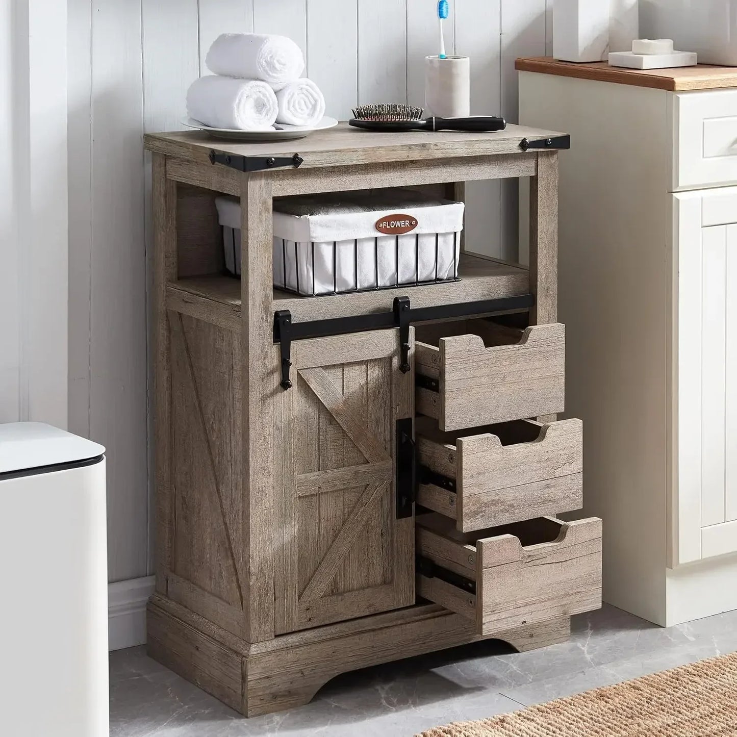 Bathroom Floor Cabinet, Farmhouse Storage Cabinet with Sliding Barn Door & Storage Drawers, Small Storage Cabinet