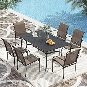 7 Pieces Patio Dining Set, Patio Furniture Set of 6 Patio Stackable Dining Chairs and Outdoor Rectangular Metal Table with Stor