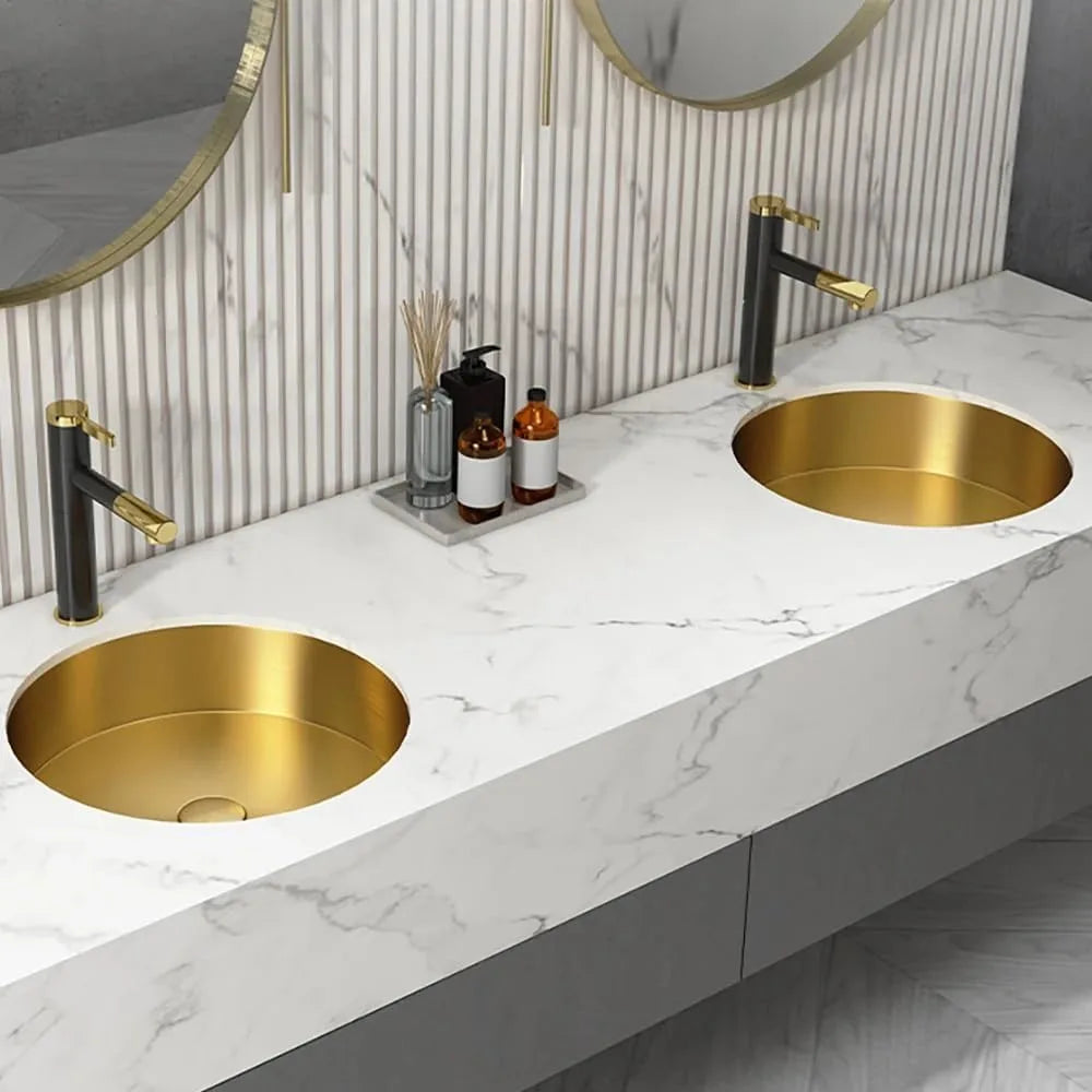 Gold Bathroom Sink Modern Luxury Stainless Steel Round Undermount Bathroom Wash Sink in Brushed Gold