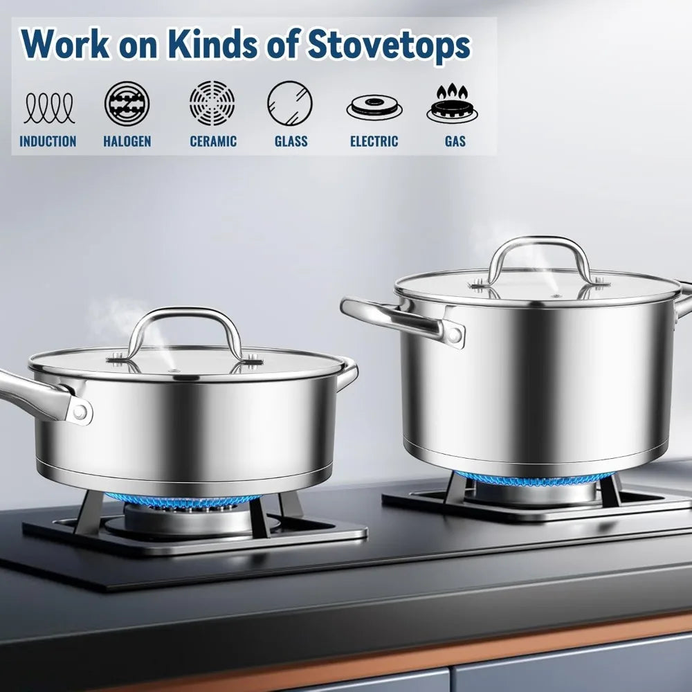 P&P CHEF 10 Pcs Pots and Pans Sets, Stainless Steel Cookware Set of 6 for Kitchen, Induction Cooking Pot & Saucepans with Glass