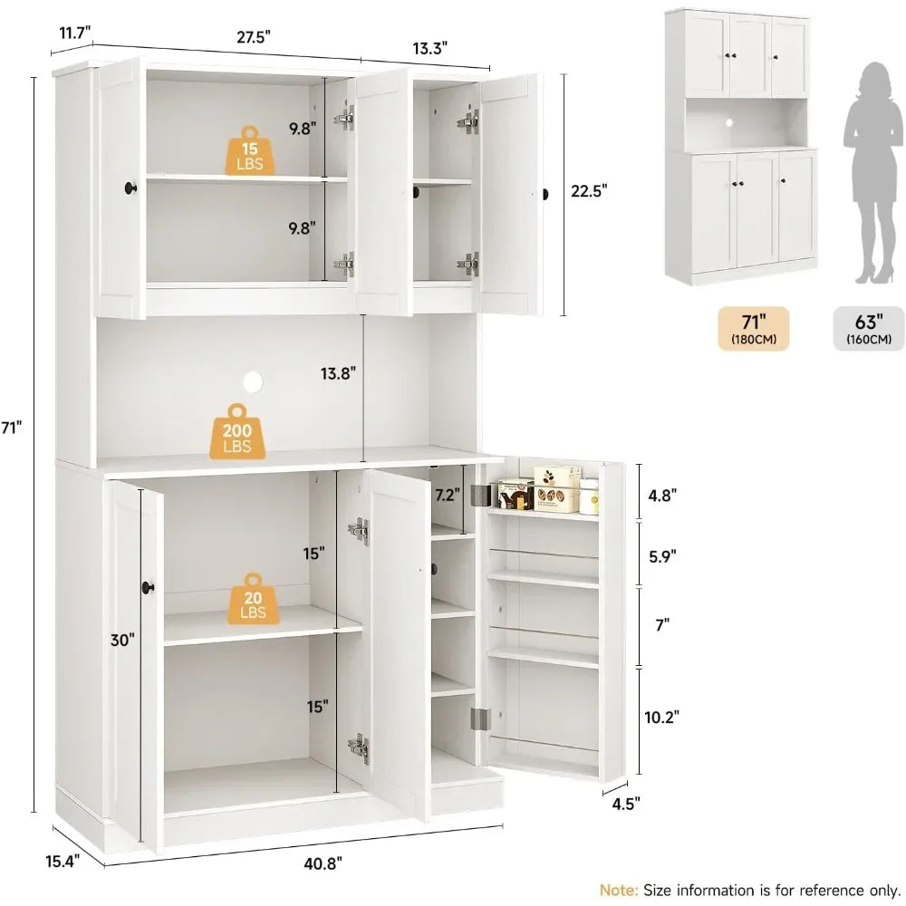 71" Tall Kitchen Pantry Storage Cabinet with Microwave Stand & Door Shelf, Freestanding Kitchen Hutch with 6 Doors