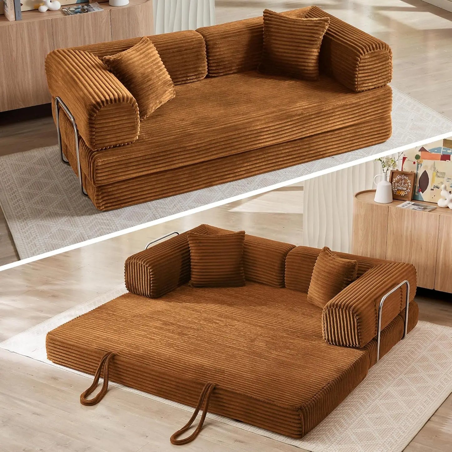 Sofa Bed 4-in-1 Boneless Couch Oversized Corduroy Upholstered Sleeper Sofa with Loveseat Couches for Living Room Futon