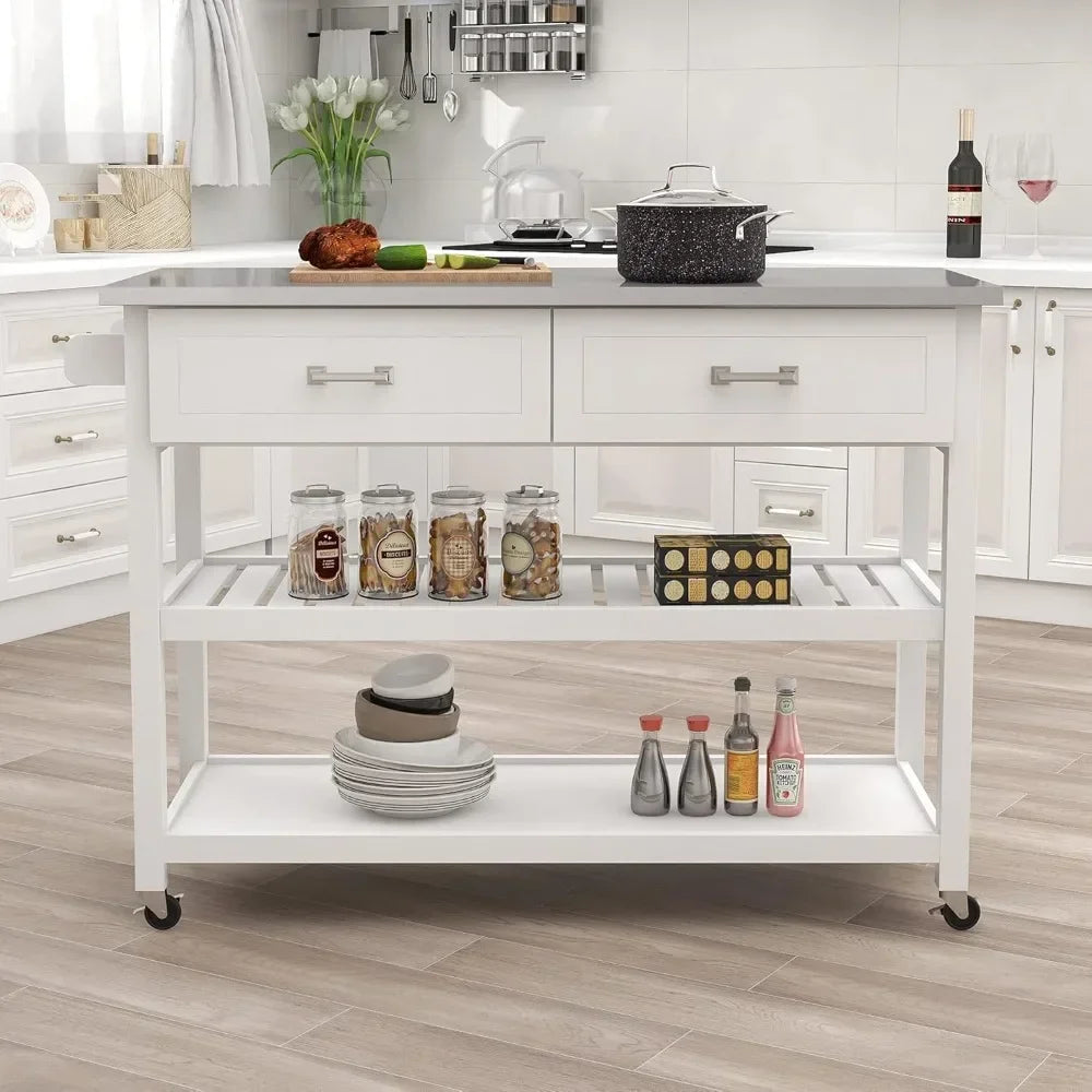 Kitchen Island White Stainless Steel Top Kitchen Cart On Wheels with 2 Drawers and Storage Shelves,