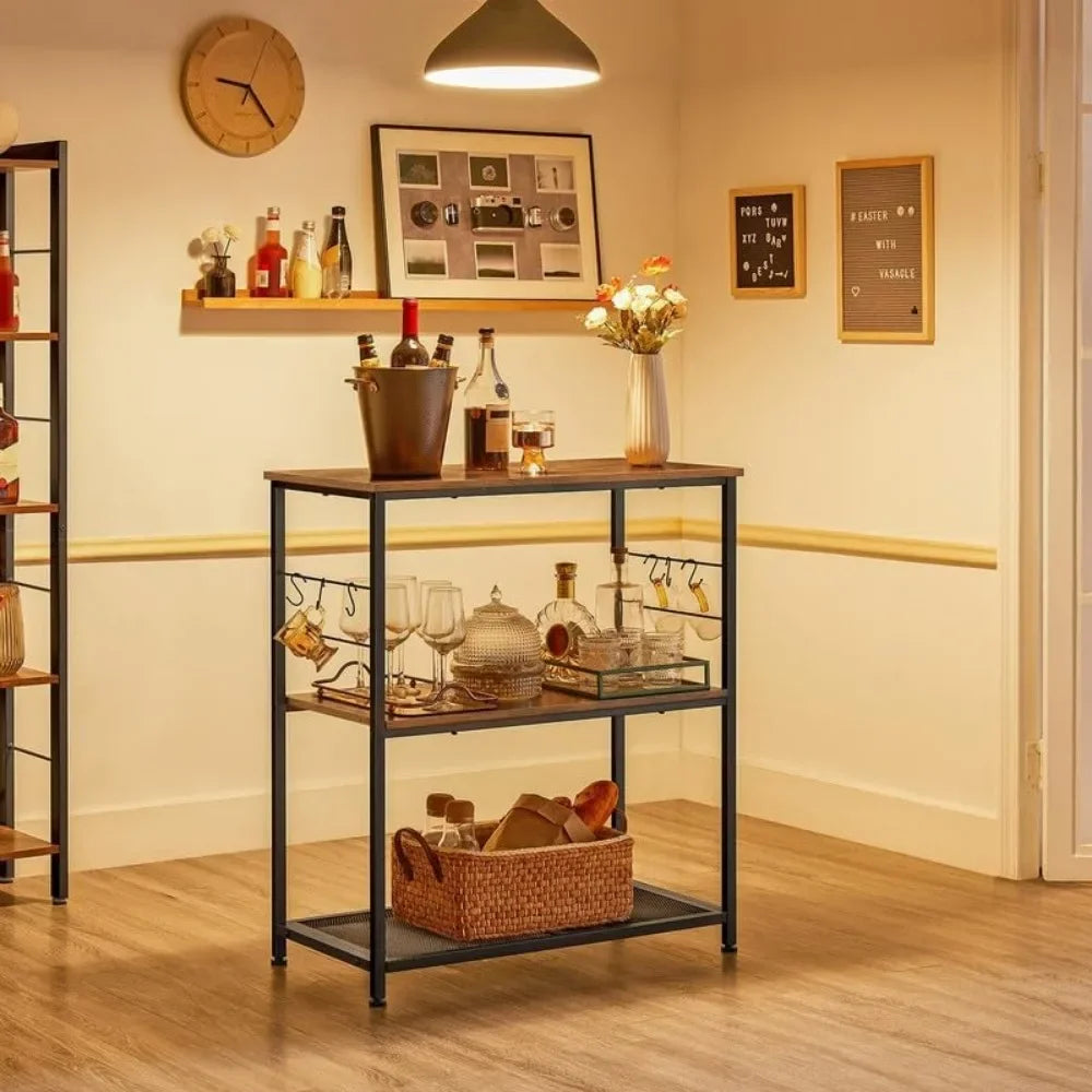 Bakers Rack, Kitchen Shelf, Kitchen Island, Microwave Oven Stand with Open Shelves, Hooks, Metal Frame,Industrial