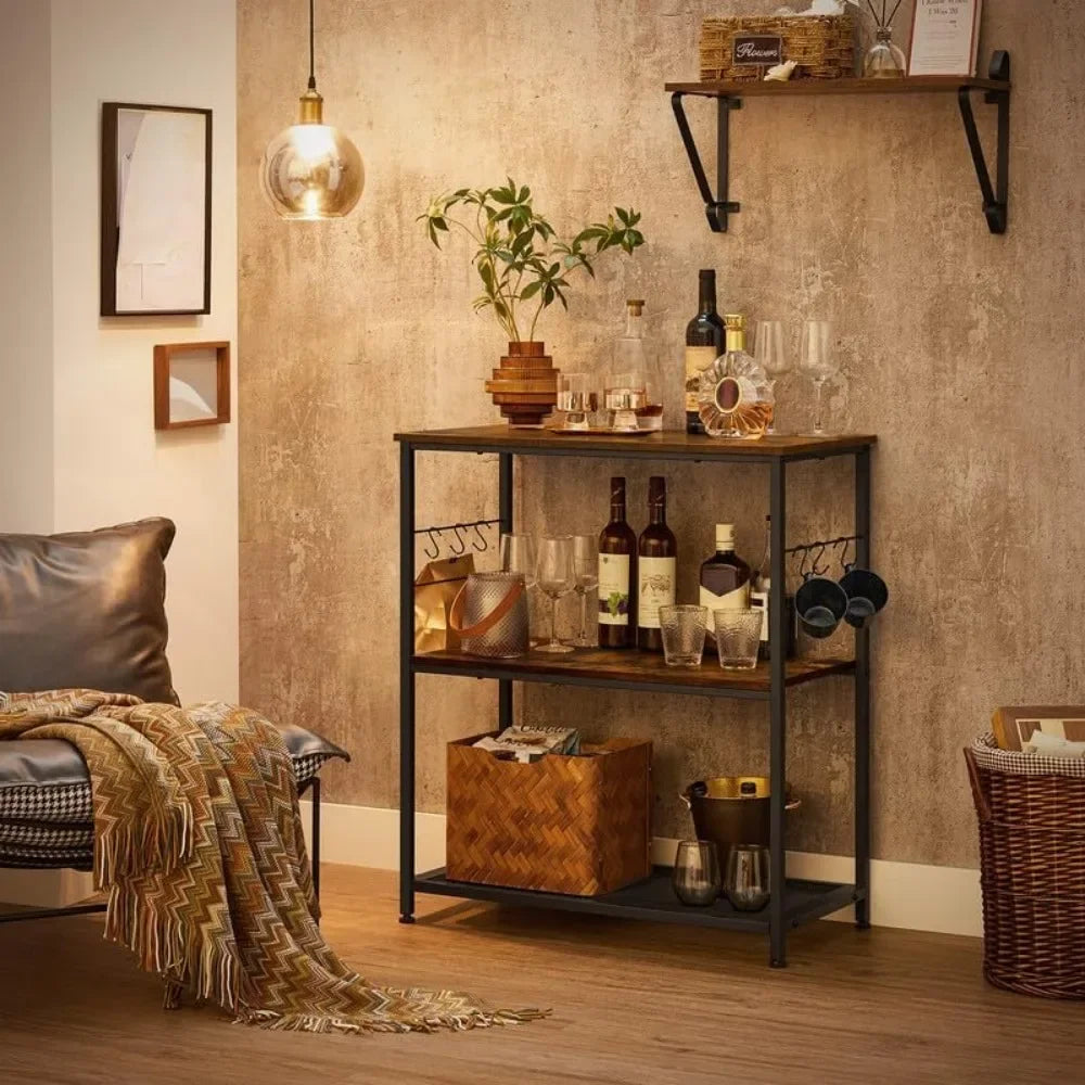 Bakers Rack, Kitchen Shelf, Kitchen Island, Microwave Oven Stand with Open Shelves, Hooks, Metal Frame,Industrial
