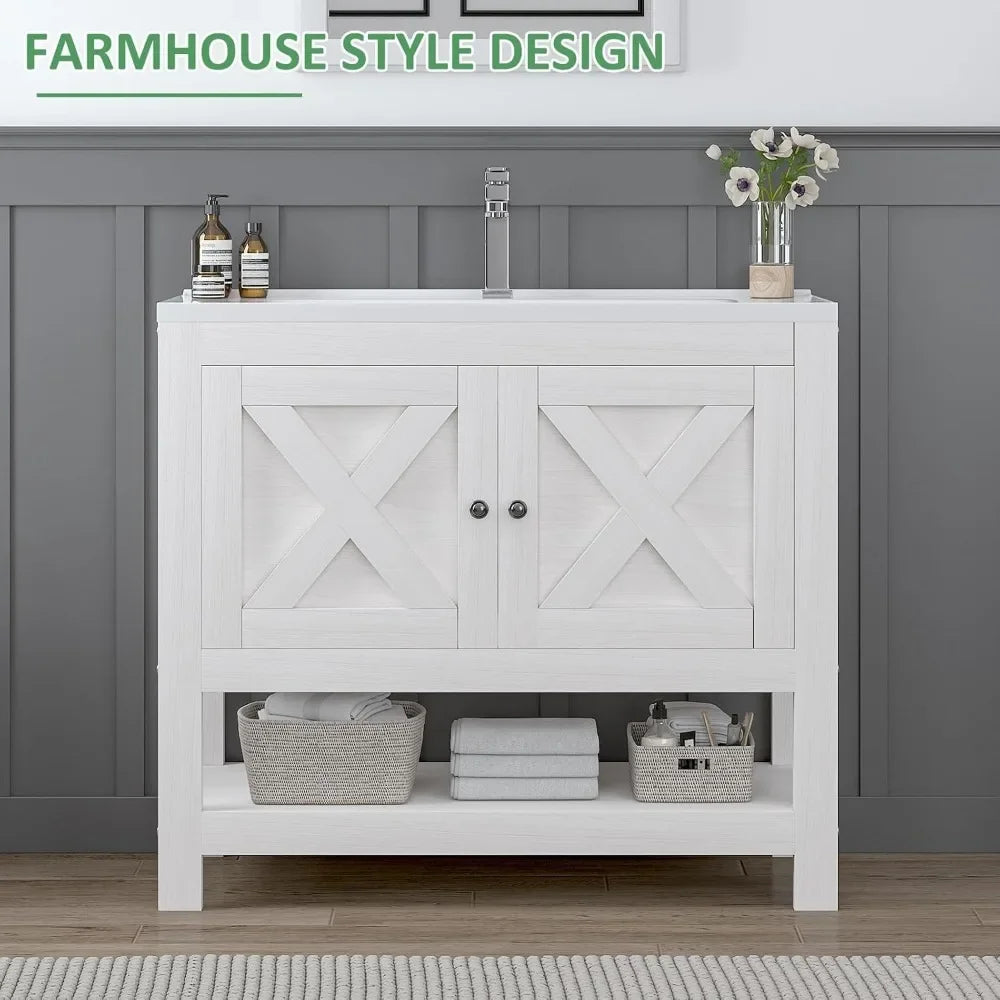 Farmhouse Bathroom Vanity with Sink, 35 Inch Bathroom Vanity Cabinet, Freestanding Vanity, 2 Doors and Open Shelf,