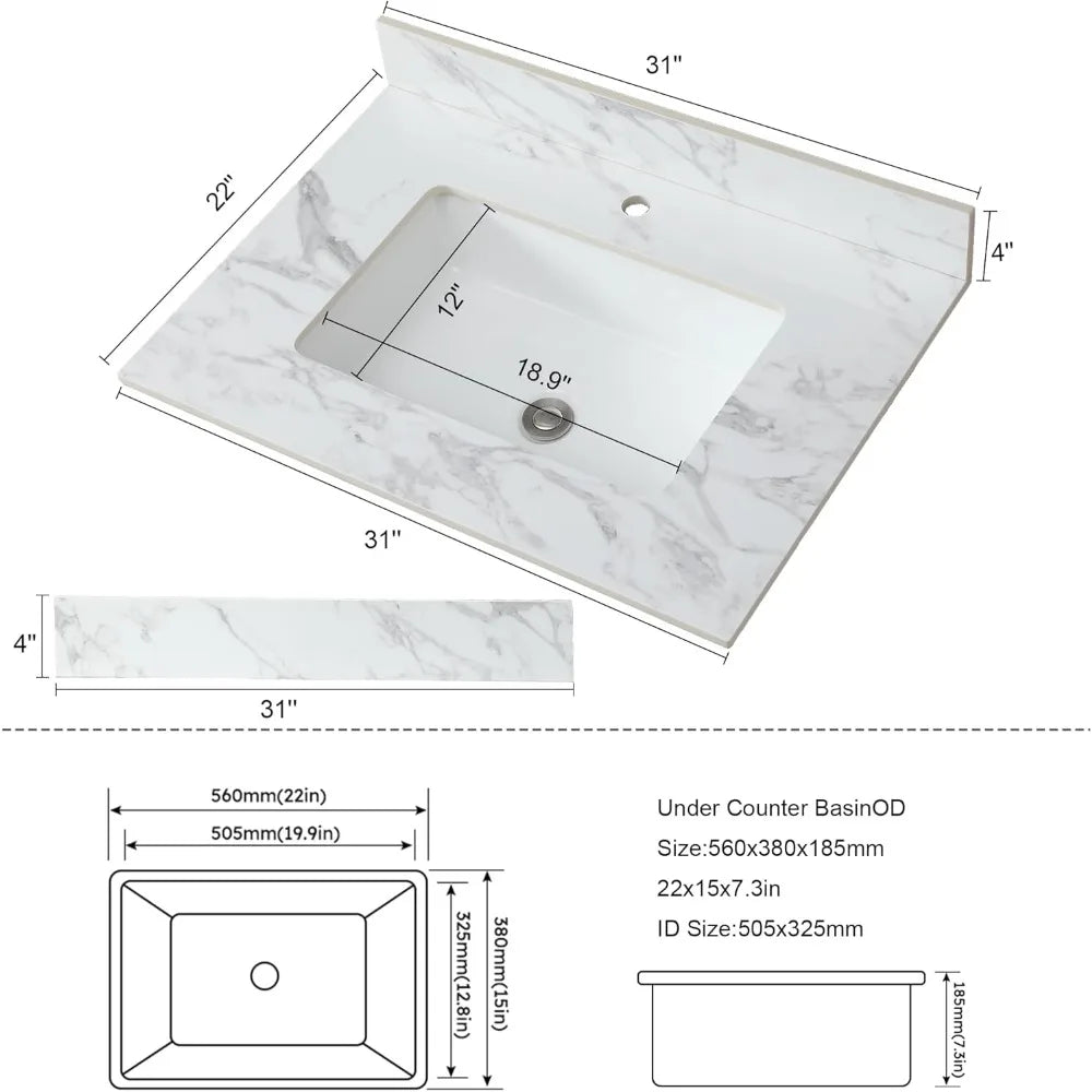 Bathroom Vanity Top, 31 Inch Sintered Stone Vanity Top with Undermount Rectangular Sink, 4" Backsplash, Pre-Drilled Faucet Singl