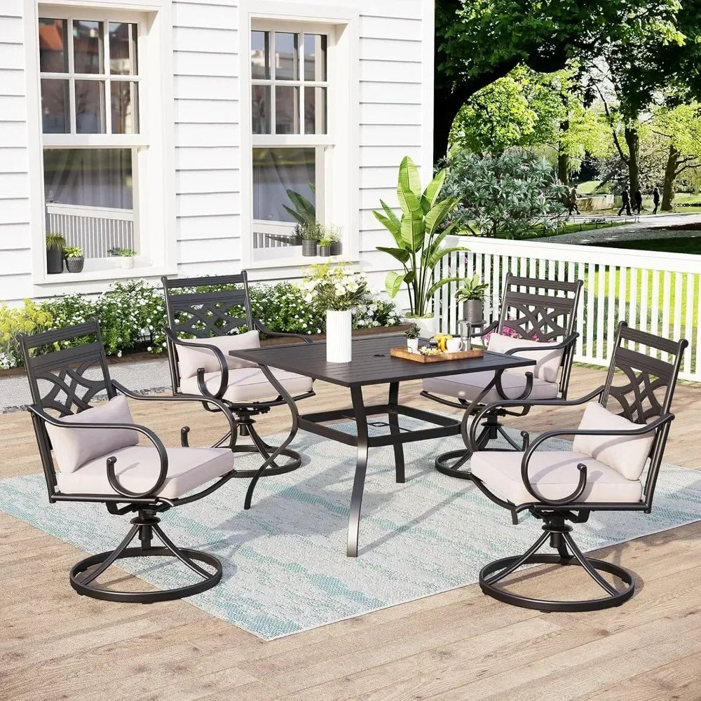 5 PCS Patio Dining Sets with 4 Swivel Chairs and 1 Square Table, All Weather Heavy Duty Black Frame, Outdoor Furniture for 4