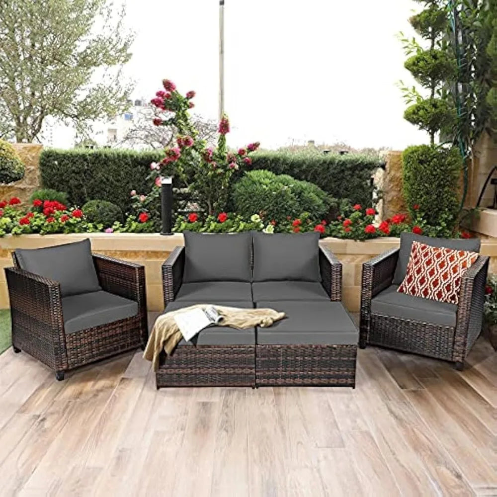 5 Pieces Patio Furniture Set, Outdoor Rattan Sofa Set w/Removable Cushions, Wicker Loveseat w/Single Sofa & Ottoman, Sectional