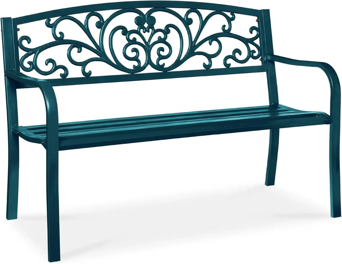 Outdoor Bench Steel Garden Patio Porch Furniture for Lawn, Park, Deck w/Floral Design Backrest, Slatted Seat