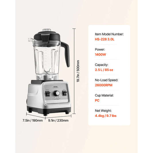 VEVOR 1400W Blender For Smoothies Professional Ice Crushing
