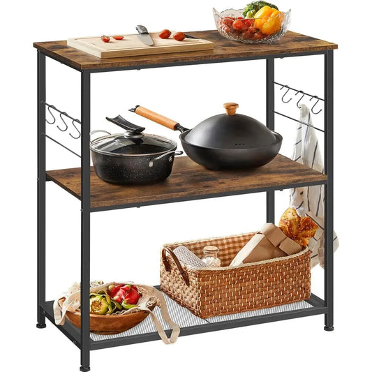 Bakers Rack, Kitchen Shelf, Kitchen Island, Microwave Oven Stand with Open Shelves, Hooks, Metal Frame,Industrial