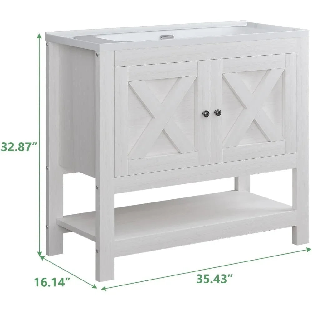 Farmhouse Bathroom Vanity with Sink, 35 Inch Bathroom Vanity Cabinet, Freestanding Vanity, 2 Doors and Open Shelf,