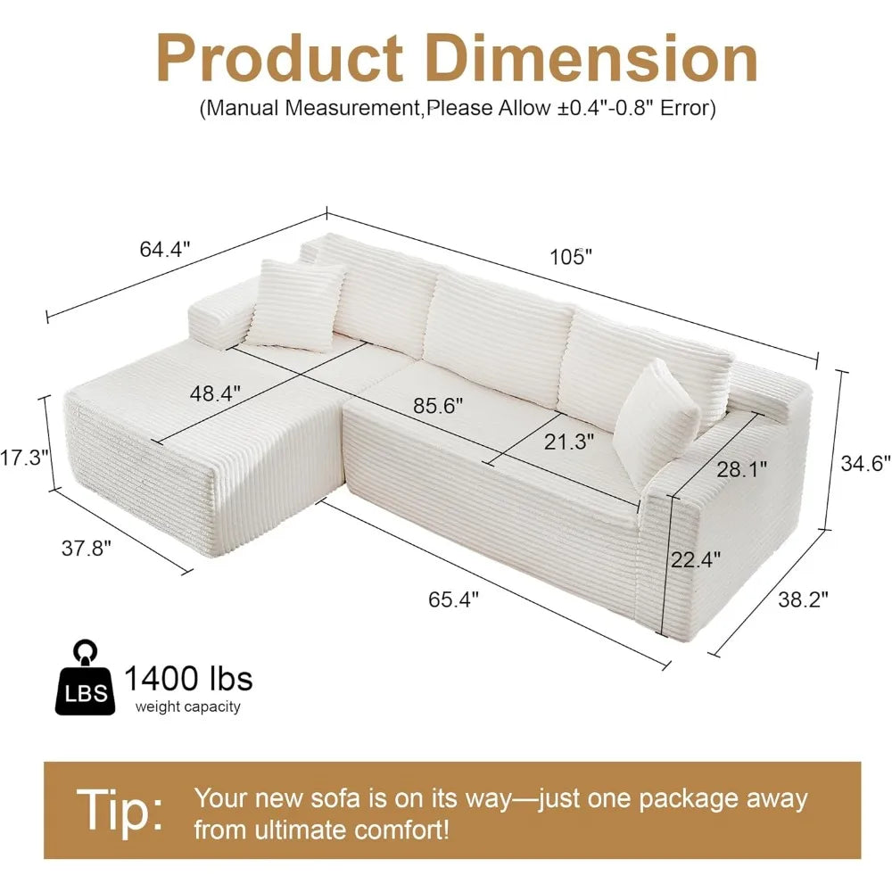 Sectional Couches for Living Room Cloud Couch Sofa with L-Shape Upholstered Boneless Couchs Modern Modular Sectional Couch