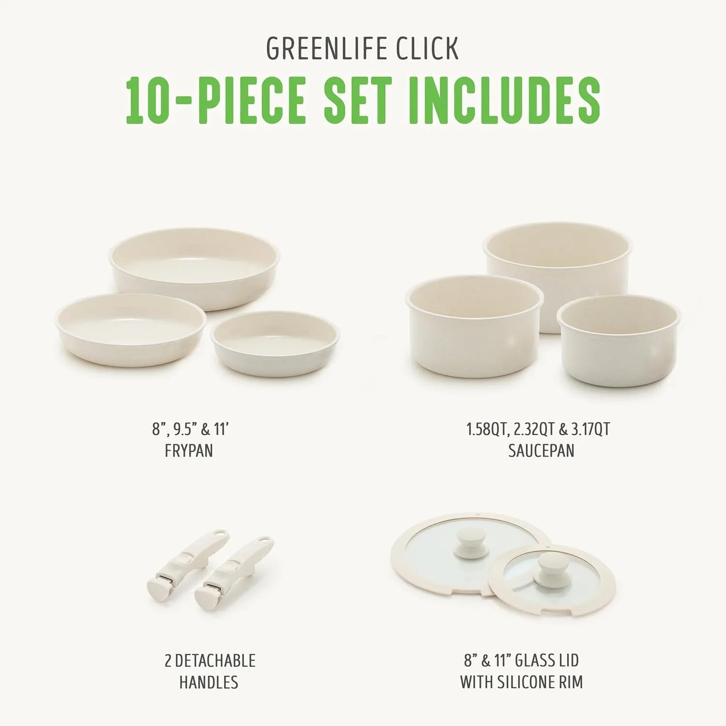 Click 10-Piece Ceramic Nonstick Cookware Set, Detachable Handle, Stackable Space Saving Kitchen Essential