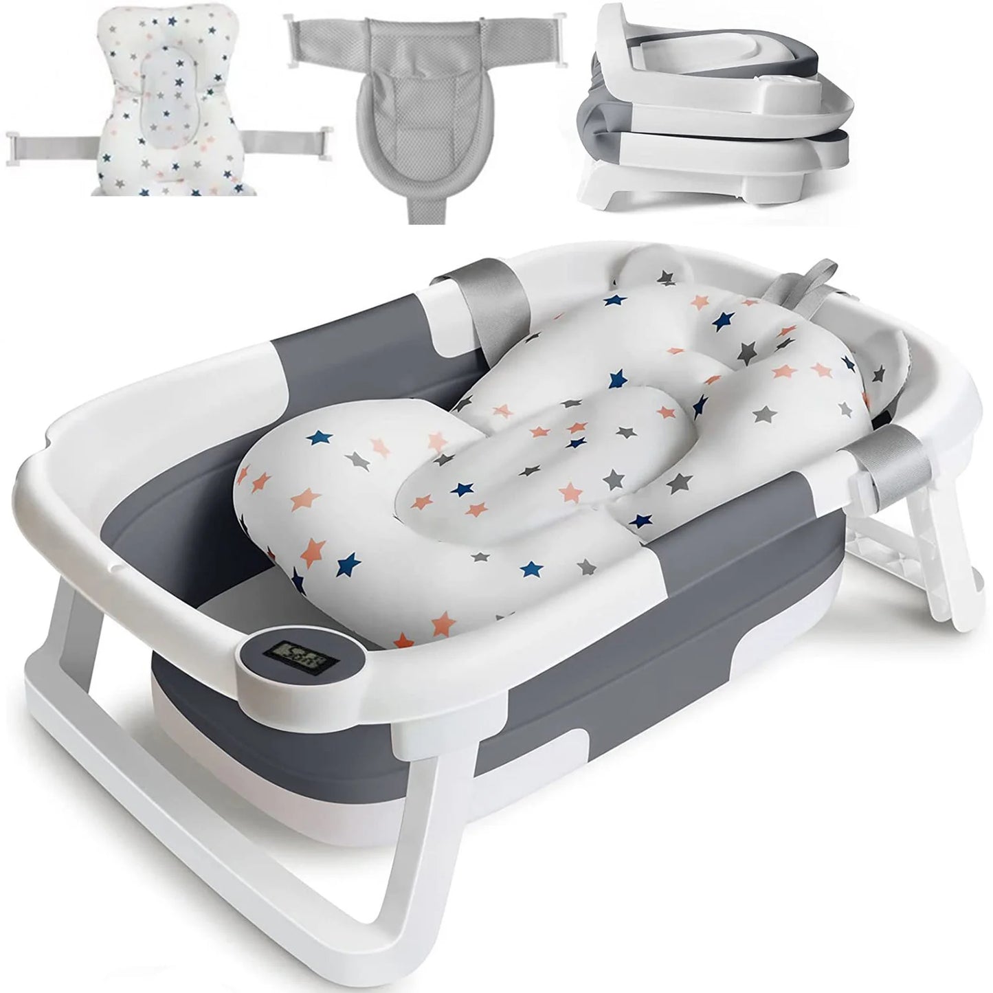 Foldable Baby Bath Tub With Bath Cushion And Thermometer