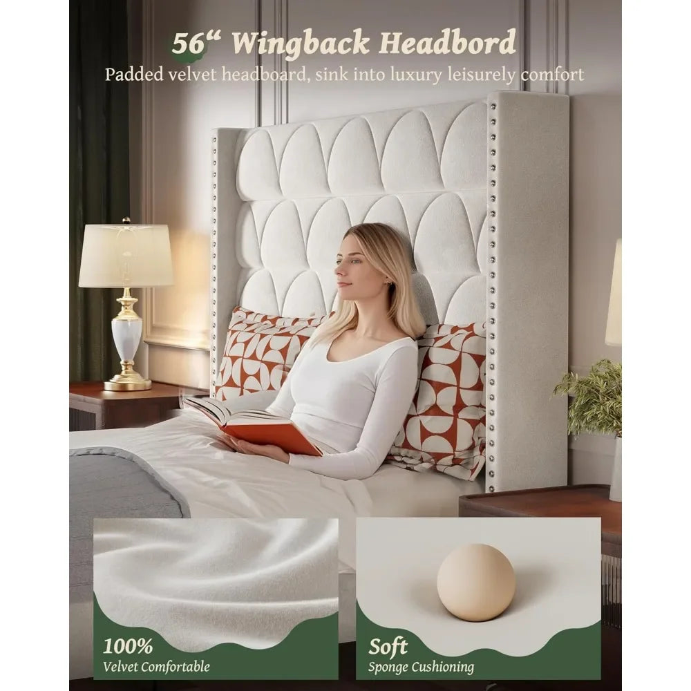 Silent Velvet Wingback Platform Bed Frame with 56" Headboard - 1000lb Weight Capacity & Noise-Free Design