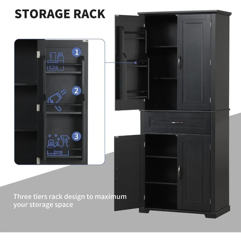 Bathroom Storage Cabinet with 4 Doors, 3-Tier Door Racks, Storage Drawer, 72" Free-Standing Tall Linen Cabinet for Bathroom