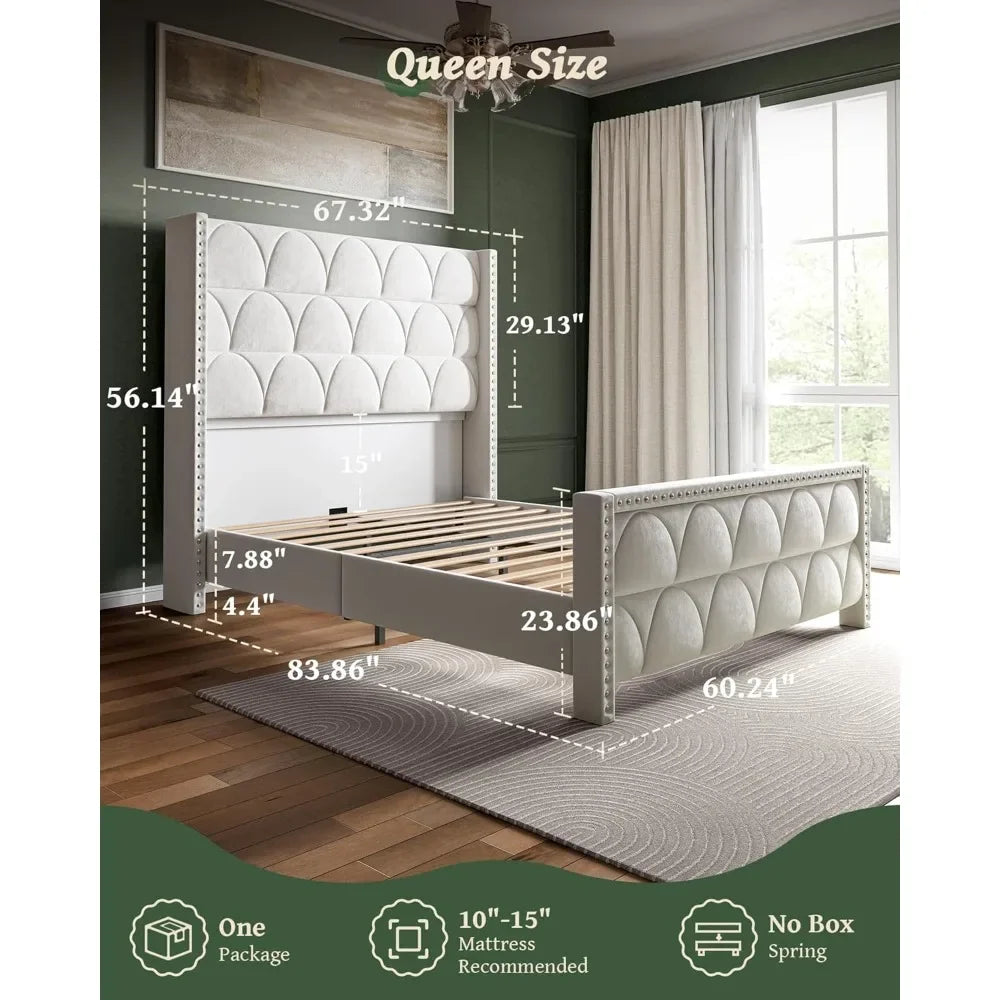 Silent Velvet Wingback Platform Bed Frame with 56" Headboard - 1000lb Weight Capacity & Noise-Free Design
