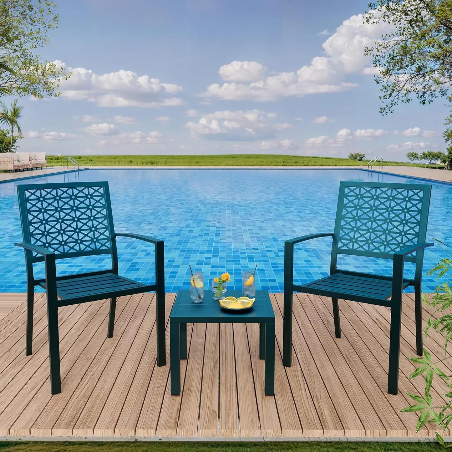 3 Piece Outdoor Stackable Patio Furniture with a Coffee Table and 2 Chairs, Metal  Set, for Indoor Outdoor Backyard, Deck