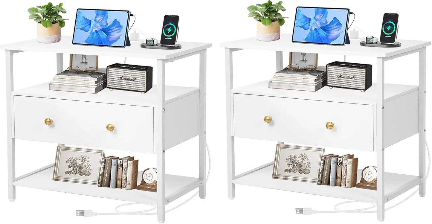 27 inch Nightstand Side Table with 1 Layer of Wooden Drawers，Nightstand with Charging Station,End Table Bedside Table