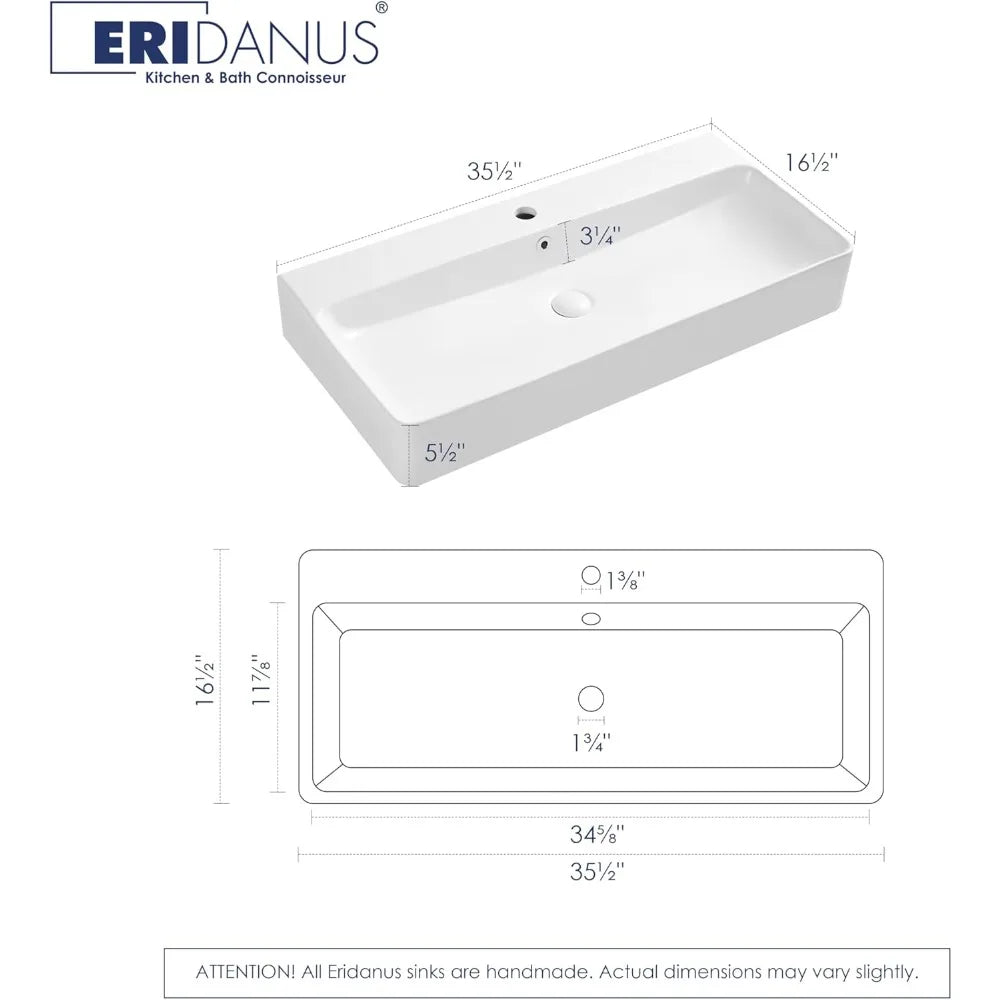 Bathroom Vessel Sink 36" x 16", Above Counter Wall Hang Mount Vanity Sink Ceramic Rectangular, Premium White Art Basin with Ove