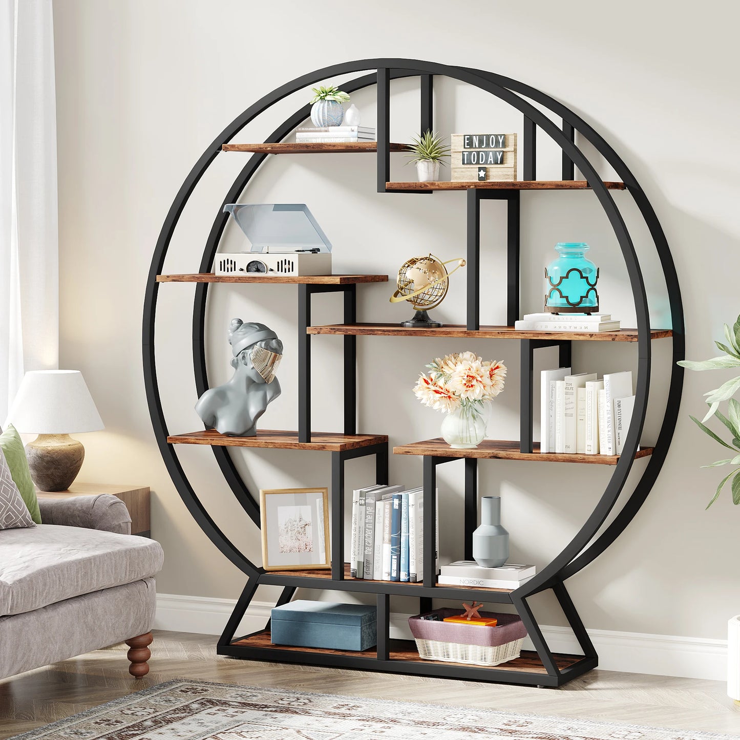 Tribesigns Bookshelf, Round Bookshelves Etagere Bookcase, 63-Inch Industrial Wood Book Shelf with Staggered Shelves