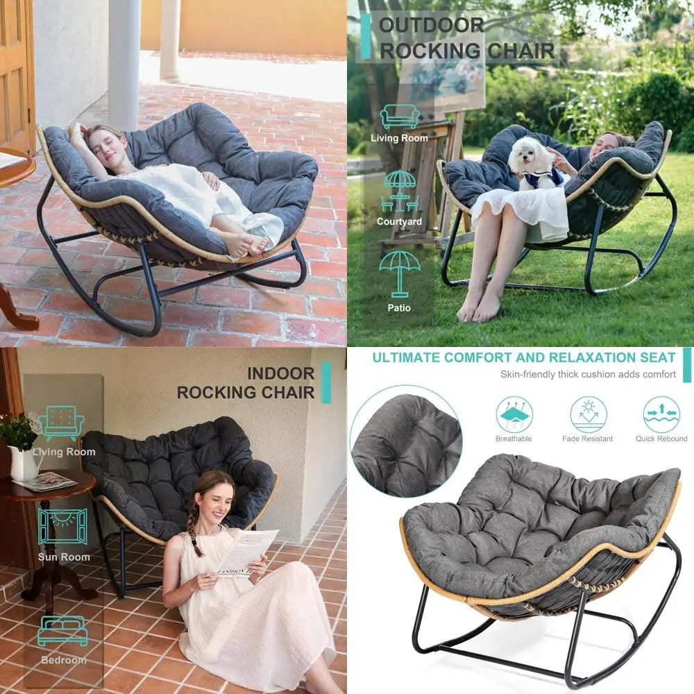 "Luxurious Oversized Outdoor Rocking Chair, Comfortable Patio Papasan Swing, Cozy Wicker Reading Nook, Egg-shaped Indoor Lounge