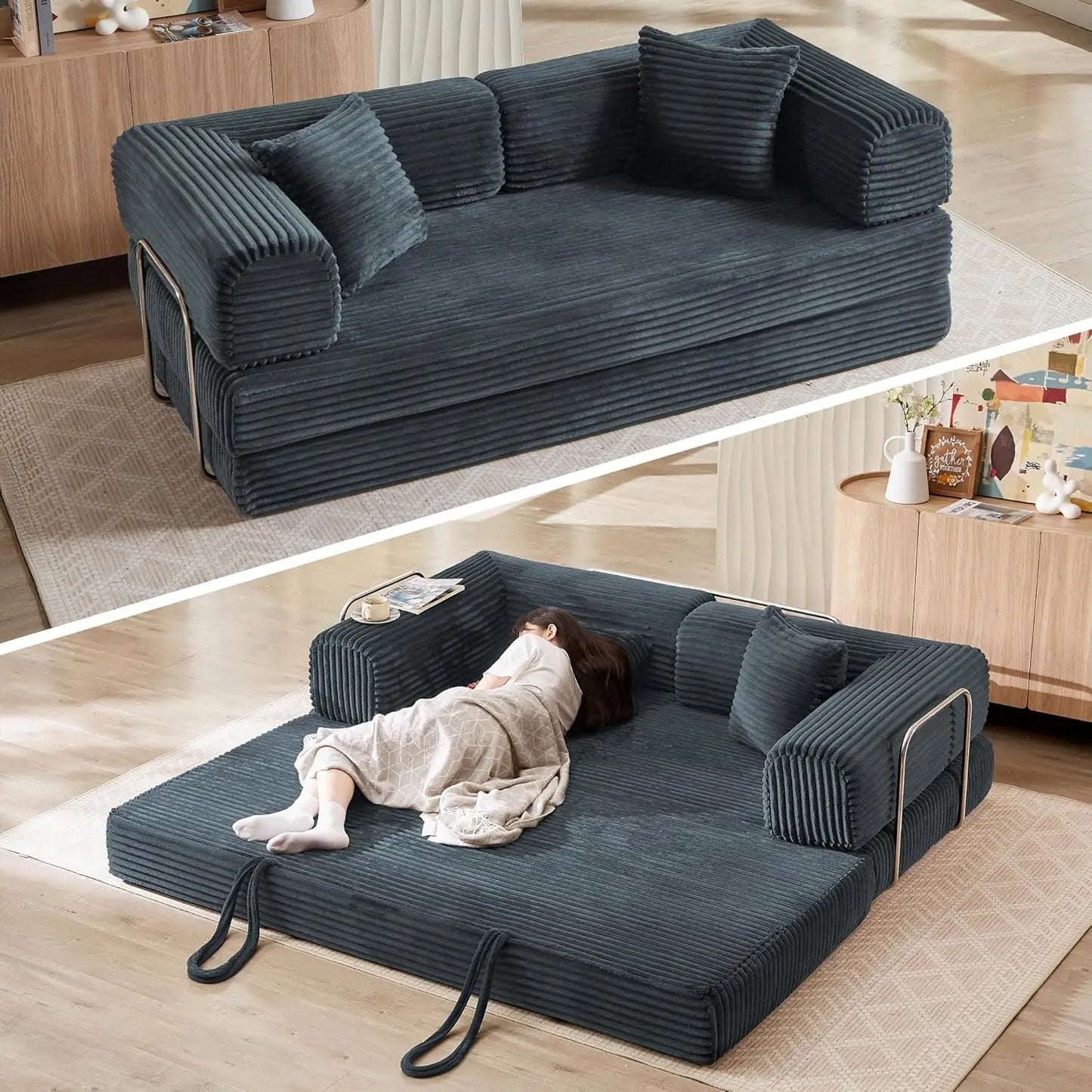 Sofa Bed 4-in-1 Boneless Couch Oversized Corduroy Upholstered Sleeper Sofa with Loveseat Couches for Living Room Futon