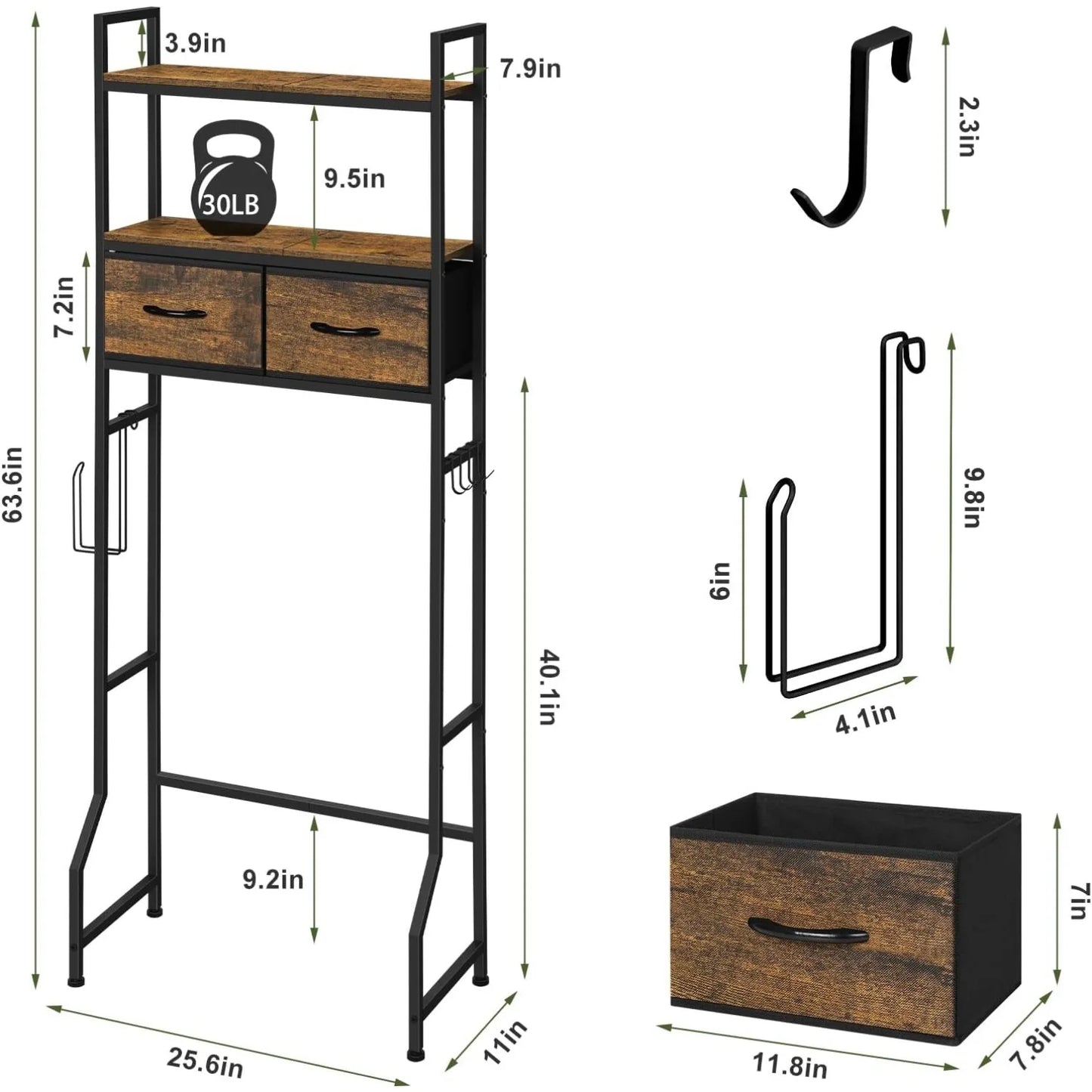 Over-Toilet Storage Cabinet with Fabric Drawers - Space-Saving Bathroom Shelf Organizer, Fits Most Toilets, Rustic Brown