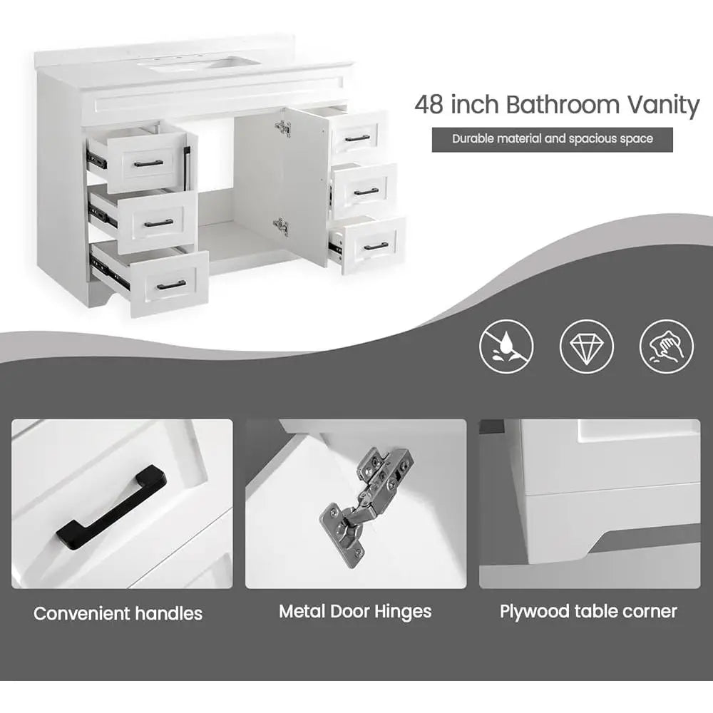 Modern Bathroom Vanity 48 inch with White Engineered Marble Stone Sink Sturdy Plywood Construction Two Soft Closing Doors