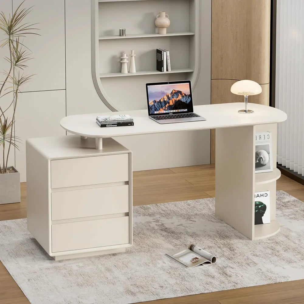 Desk with Drawers, 55inch Home Office White Desk with Drawers and Storage Shelves, Cream White Desk Modern Simple Style Laptop