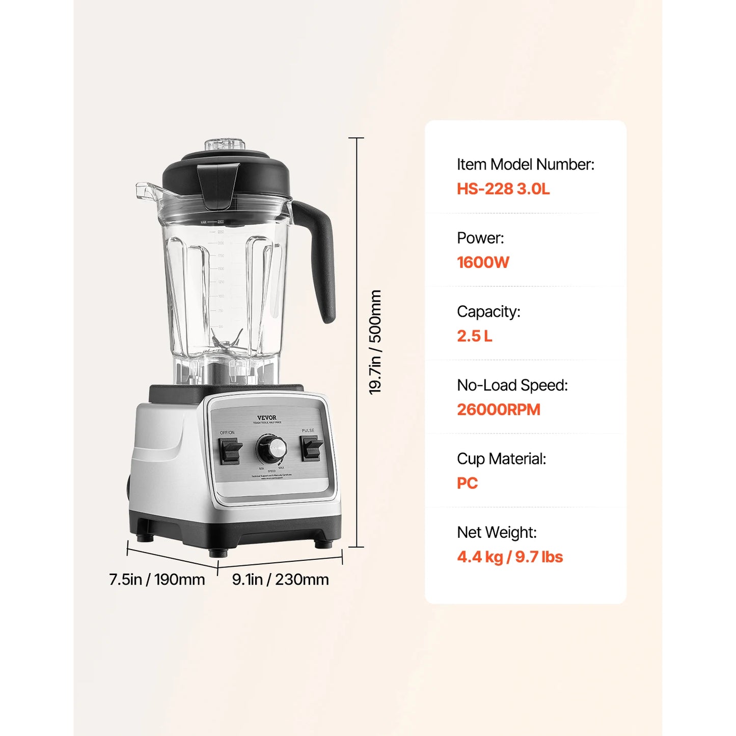 VEVOR 1400W Blender For Smoothies Professional Ice Crushing